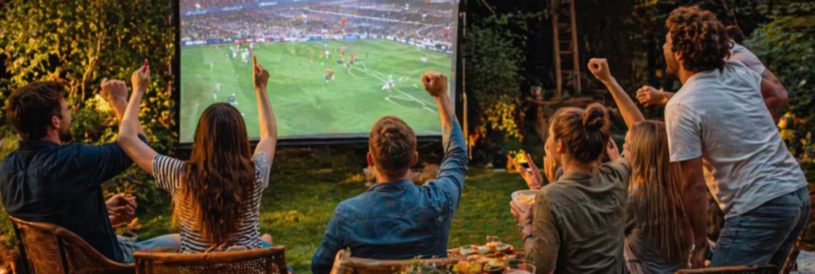 Fußballparty im Garten: Alle feuern an, im Garten ist eine Beamer-Leinwand aufgebaut, im Vordergrund steht Popcorn
