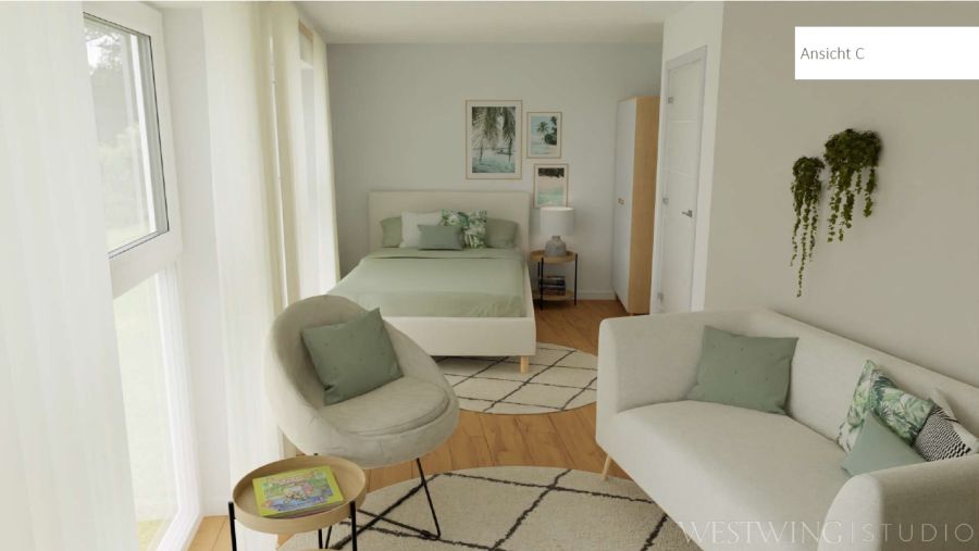 Jugendzimmer mit Bett, Couch und Sessel