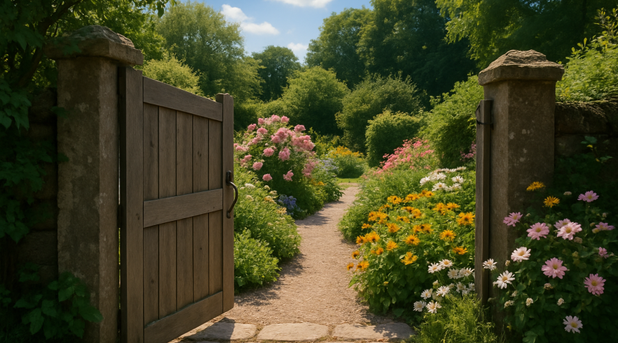 Offene Gartenpforte, dahinter eröffnet sich ein blühender Garten. Die Sonne scheint.
