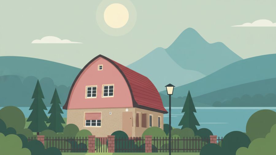 Ein kleines Wohnhaus mit einem auffälligen, halbkreisförmigen Tonnendach. Das Gebäude steht in einer idyllischen Landschaft vor einem See und Bergen.