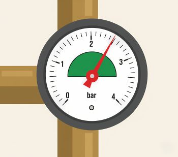 Ein rundes Manometer der Heizanlage zeigt den Wasserdruck an. Die rote Nadel des Manometers befindet sich im grünen, optimalen Bereich bei etwa 2,2 bar.