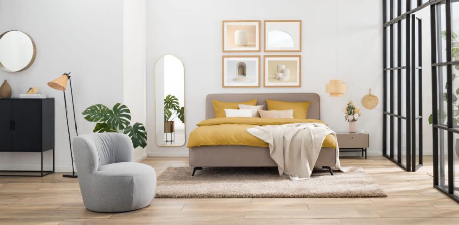 Schlafzimmer mit Grau und Gelb