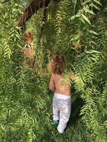 Kind spielt unter Weide im Garten