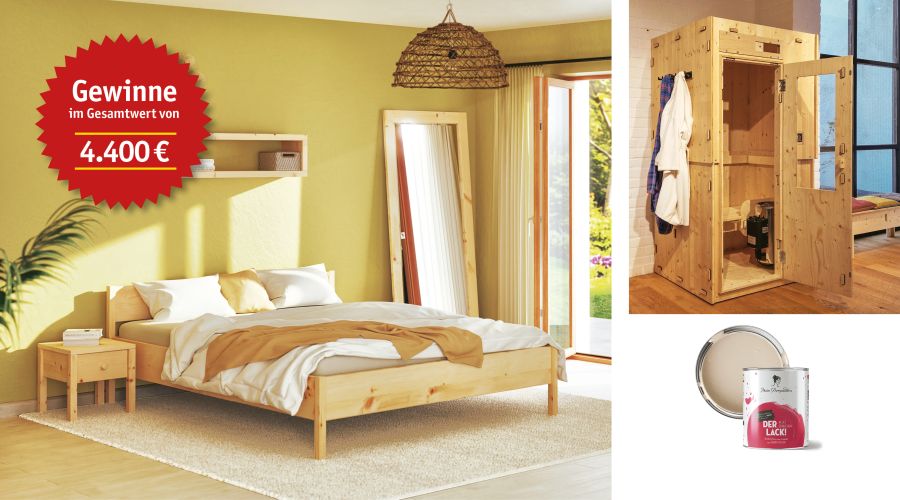 Bett aus Zirbenmassivholz, Indoor-Sauna und Gutscheine für Farben, auf einem Gewinnspielstern steht "Gewinne im Gesamtwert von 4.400 Euro"