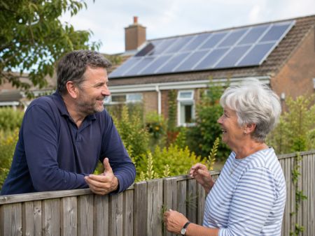 Ein Mann und eine ältere Frau stehen lächelnd an einem Holzzaun und unterhalten sich angeregt. Im Hintergrund ist ein Einfamilienhaus mit einer großen Photovoltaikanlage auf dem Dach zu sehen, die die Sonne einfängt.