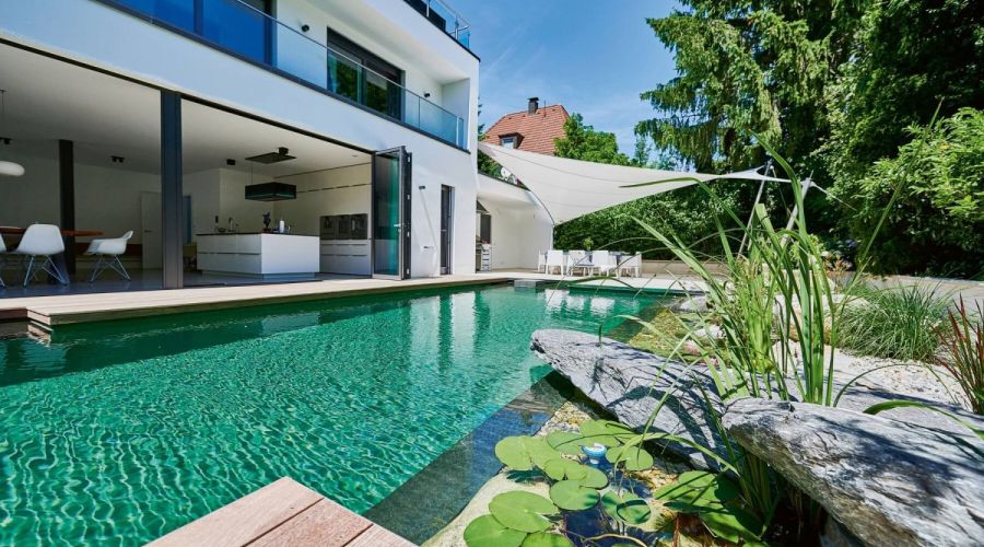 Naturpool vor modernem Haus