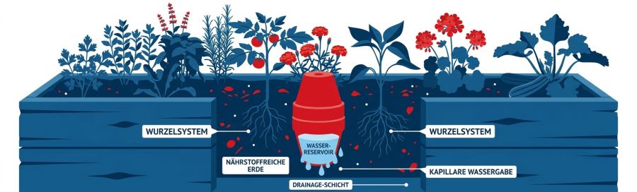 Eine grafische Darstellung veranschaulicht die unterirdische Funktionsweise einer roten Olla in einem blauen Pflanzkasten. Textlabels erklären die Elemente: das Wurzelsystem der angrenzenden Tomaten und Blumen, das Wasserreservoir im Tontopf, die Drainage