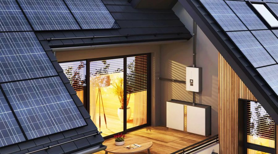 An der Außenwand eines modernen Hauses mit Solaranlage ist auf einem Holzbalkon ein weißer Batteriespeicher montiert.
