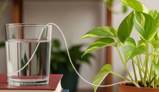 Eine Efeutute in einem Terrakotta-Topf wird mithilfe eines weißen Baumwollfadens bewässert. Der Faden führt von einem mit Wasser gefüllten Glas, das erhöht auf einem Stapel Bücher steht, in die Blumenerde und nutzt so den Kapillareffekt zur Bewässerung.