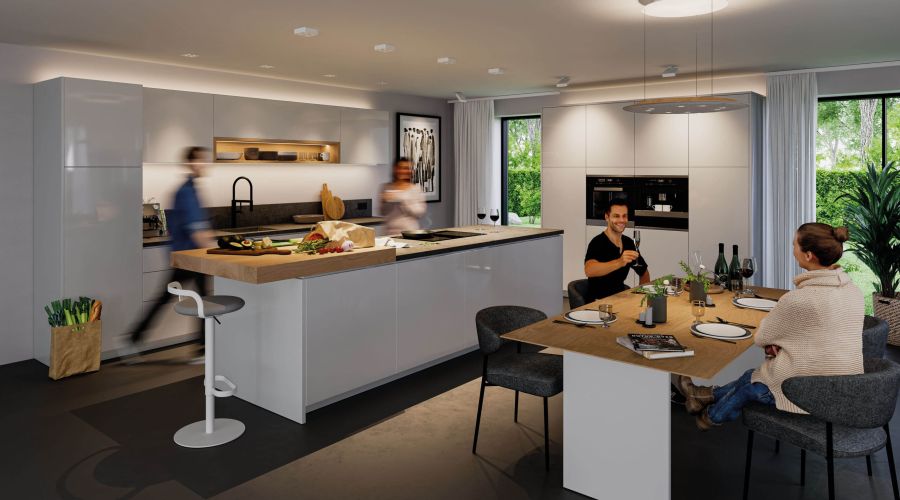 Moderne Wohnküche mit indirekter LED-Beleuchtung an Küchenzeile und Oberschränken