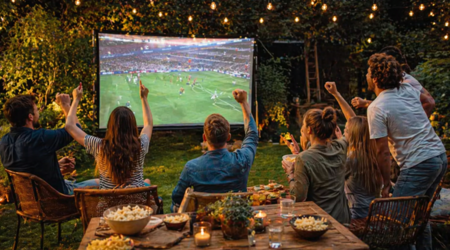 Fußballparty im Garten: Alle feuern an, im Garten ist eine Beamer-Leinwand aufgebaut, im Vordergrund steht Popcorn