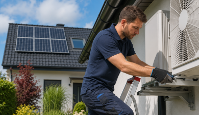 Ein Techniker wartet die Außeneinheit einer Wärmepumpe an einem Einfamilienhaus. Im Hintergrund sieht man ein Haus mit Photovoltaikanlage auf dem Dach.