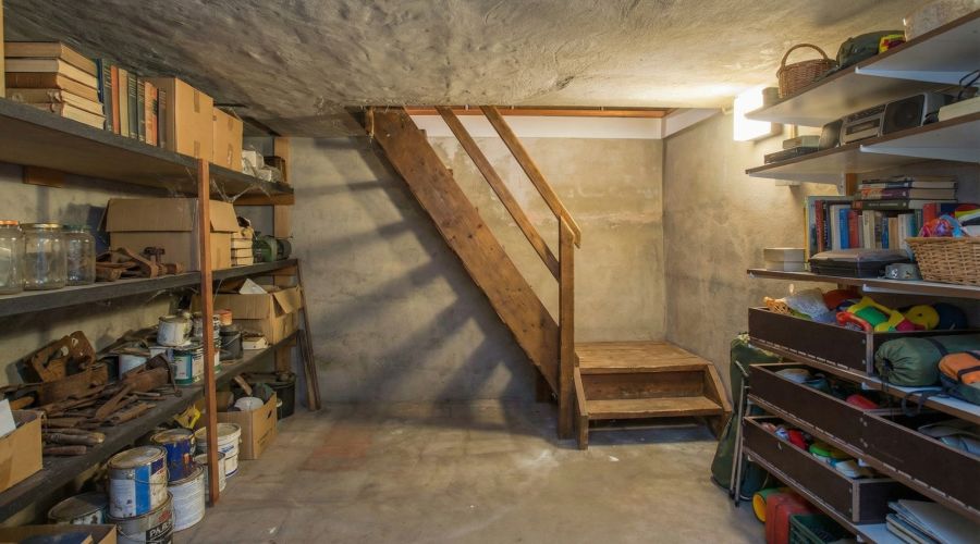 Ein älterer, vollgestellter Kellerraum mit grauen Betonwänden, niedriger Decke und einer einfachen Holztreppe. Regale an den Wänden sind dicht gefüllt mit Büchern, Dosen und Kisten; auf dem Boden stehen Farbeimer und Werkzeuge.