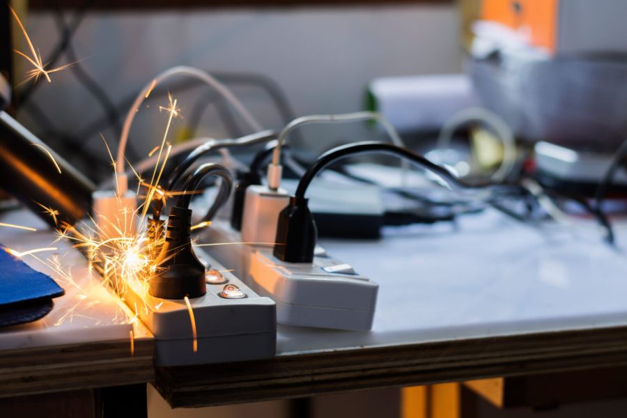 Eine weiße Mehrfachsteckdose liegt auf einem Tisch und ist komplett mit verschiedenen Steckern und Ladekabeln belegt. Aus einem der eingesteckten schwarzen Schuko-Stecker sprühen gefährlich aussehende, helle Funken über die Leiste.