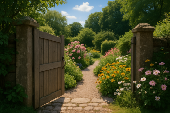 Offene Gartenpforte, dahinter eröffnet sich ein blühender Garten. Die Sonne scheint.