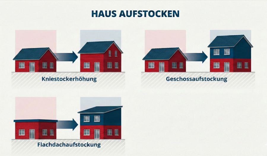 Eine Infografik vergleicht drei Arten der Hausaufstockung im Vorher-Nachher-Stil: Kniestockerhöhung (linke Seite), Geschossaufstockung (ganzes Stockwerk) und Flachdachaufstockung auf einen Kubus.