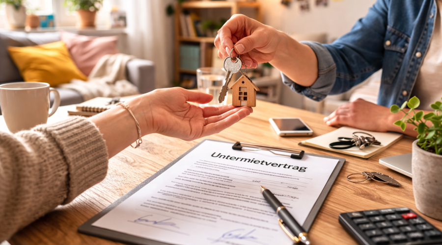 Zwei Personen geben sich einen Wohnungsschlüssel über dem „Untermietvertrag“ am Küchentisch.
