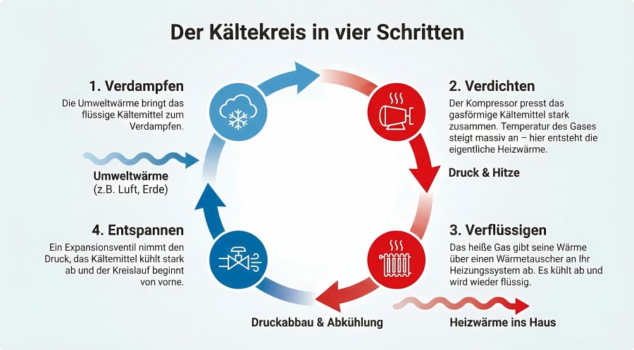 Eine Infografik zeigt den Kältekreis in vier Schritten: Verdampfen, Verdichten, Verflüssigen und Entspannen. Pfeile illustrieren den Kreislauf von der Umweltwärme bis zur Heizwärme im Haus.