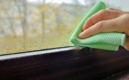 Eine Hand wischt mit einem hellgrünen Mikrofasertuch Wassertropfen (Kondenswasser) von einer stark beschlagenen Fensterscheibe ab. Durch das Fenster sind im unscharfen Hintergrund herbstlich gefärbte Bäume zu erkennen.