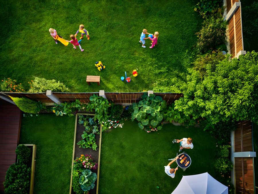 Luftaufnahme von zwei nebeneinanderliegenden Gärten, getrennt durch einen Holzzaun. In einem Garten grillen zwei Erwachsene, im anderen spielen mehrere Kinder mit buntem Spielzeug auf dem Rasen.