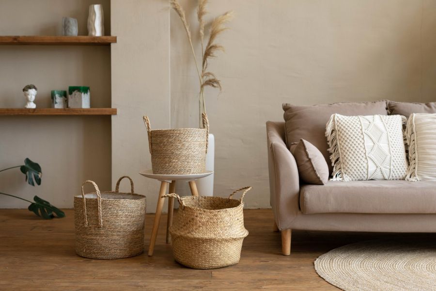 Drei unterschiedliche, handgeflochtene Körbe aus Naturfasern stehen dekorativ auf einem Holzboden vor einem schlichten beigefarbenen Sofa. Im Hintergrund ergänzen Pampasgras und minimalistische Holzregale das ruhige Farbschema.