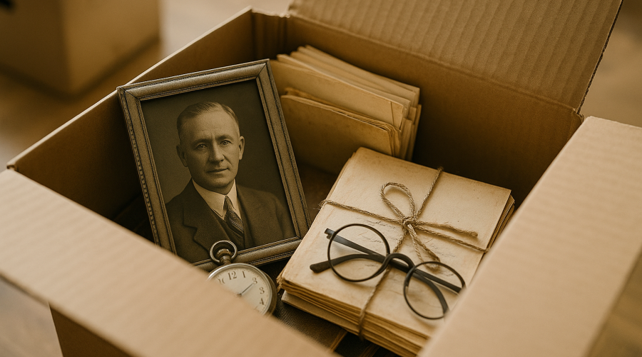 Umzugskarton mit einem alten Schwarzweiß-Portrait, alten Dokumenten, Briefe und einer Brille