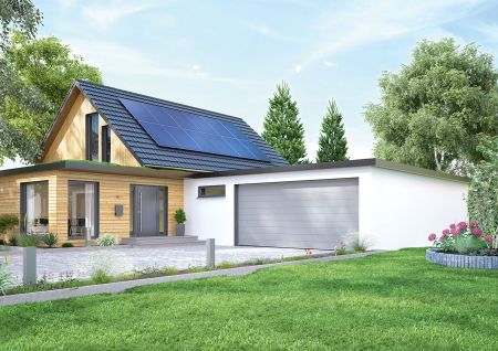 Einfahrt mit verschlossener Garage vor einem modernen Wohnhaus