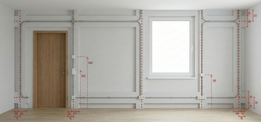 Eine schematische Darstellung eines Raumes zeigt den unsichtbaren Verlauf von Stromleitungen unter dem Putz anhand roter, gestrichelter Linien. Maßangaben verdeutlichen die genauen Abstände der horizontalen und vertikalen Installationszonen zu Decke, Bode