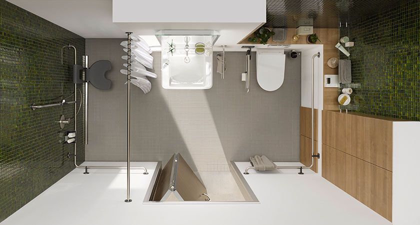 Behindertengerechtes Badezimmer, von oben betrachtet