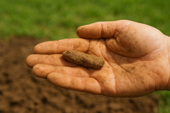 Hand hält ein kleines, ungleichmäßig geformtes Stück Tonerde vor einem Hintergrund aus Beet und Rasen