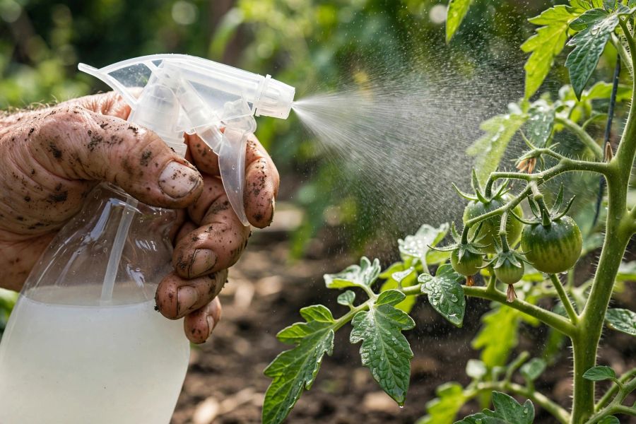 Eine erdverschmierte Hand besprüht eine grüne Tomatenpflanze mithilfe einer transparenten Sprühflasche. Ein feiner, weißlicher Sprühnebel legt sich über die Blätter und die kleinen, unreifen grünen Früchte. Im weichen Hintergrund liegt ein sonniger Nutzga