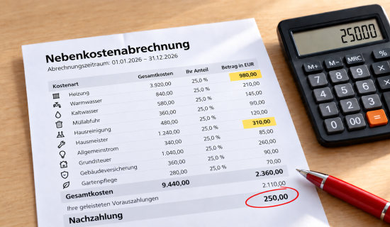 Nebenkostenabrechnung mit gelb markierten Posten