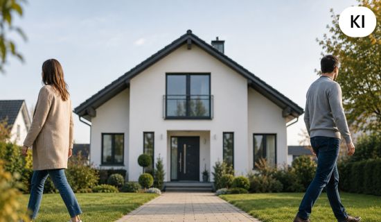 Mann und Frau gehen vor einem Einfamilienhaus in unterschiedliche Richtungen.