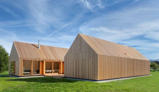 Holz pur, ob an der Fassade oder auf dem Dach: Die beiden Baukörper wirken wie eine moderne Skulptur.