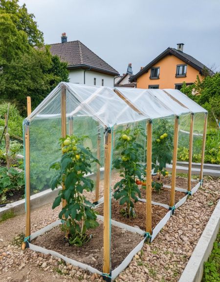 Mehrere Tomatenpflanzen unter Foliendächern