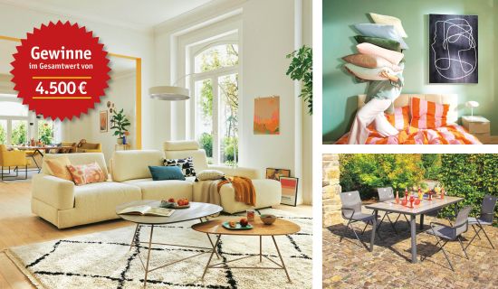 Wohnzimmerambiente mit Sofa und weiteren Möbeln, Schlafzimmer mit Bett, Kissen und Nachttisch, Terrasse mit Gartenmöbeln, auf einem Gewinnspielstern steht "Gewinne im Gesamtwert von 4.500 Euro"