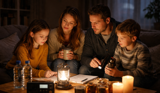 Eine Familie sitzt bei Kerzenschein und mit Taschenlampen um einen Couchtisch, die Stimmung ist entspannt, auf dem Tisch stehen zwei Wasserflaschen.