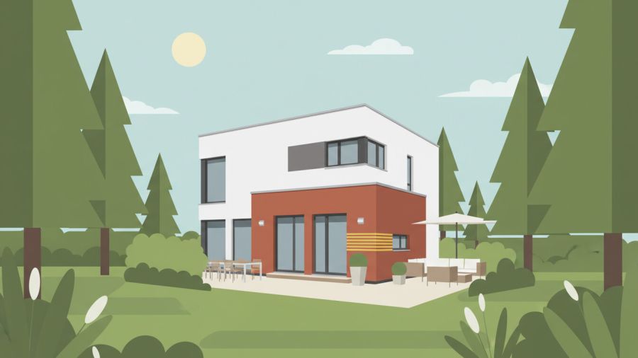 Ein zweistöckiges Wohnhaus im Bauhaus-Stil mit Flachdach. Die Architektur ist würfelförmig mit weißen und rotbraunen Fassadenelementen sowie einer großzügigen Terrasse.