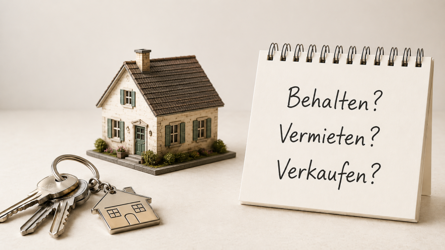 Modell eines alten Hauses, davor liegt ein Wohnungsschlüssel. Daneben steht ein Notizblock, auf dem steht: Behalten? Vermieten? Verkaufen?