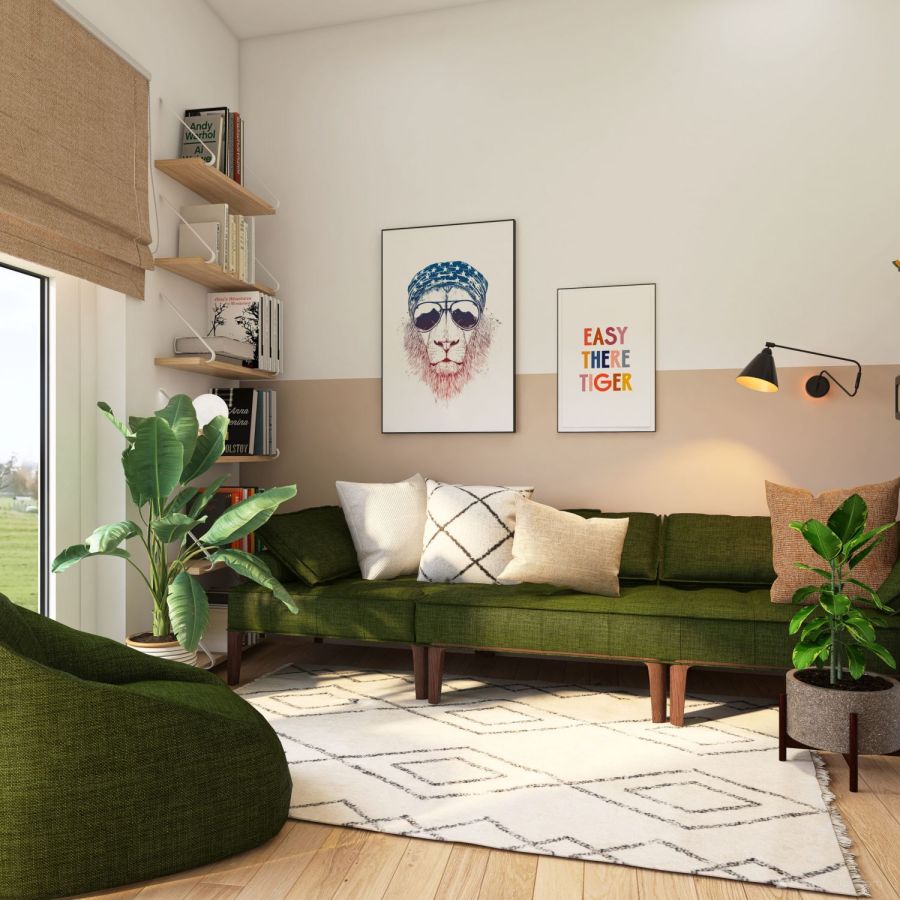 Dunkelgrüne Couch mit Jungle Deko