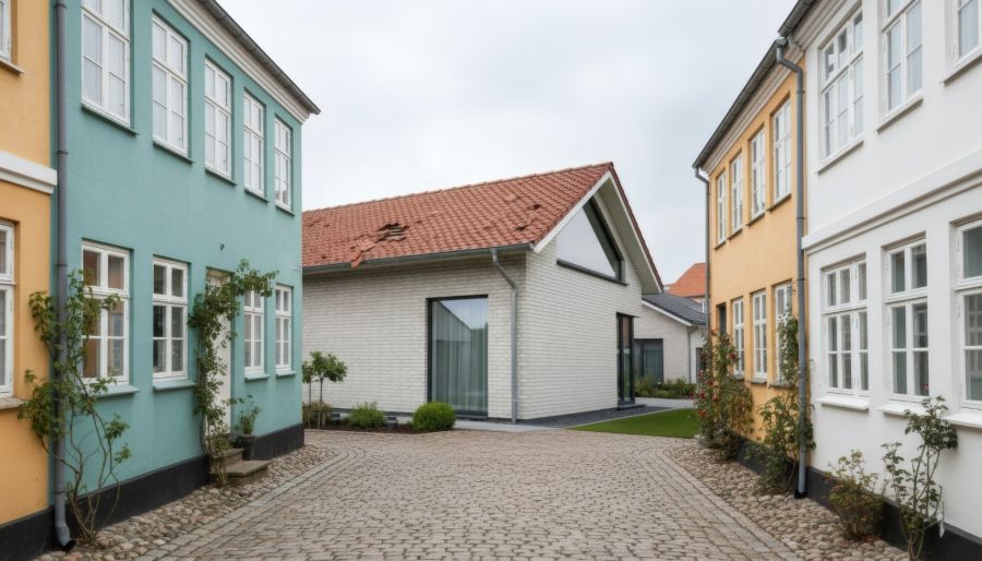 Eine Straße mit Kopfsteinpflaster, gesäumt von mehrstöckigen Häusern. In der Mitte ist ein neueres, weißes Backsteingebäude zu sehen, dessen rotes Ziegeldach sichtbar beschädigt ist – mehrere Dachziegel fehlen oder sind zerbrochen, was auf einen Sturmscha