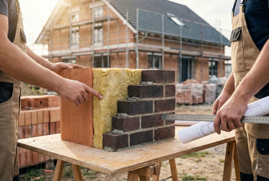 Ein Querschnitt-Modell einer Mauer steht auf einem Arbeitstisch auf einer Baustelle. Zwei Handwerker betrachten den Aufbau, der aus innerem Mauerwerk, einer gelben Dämmschicht in der Mitte und der äußeren Klinkerwand besteht.