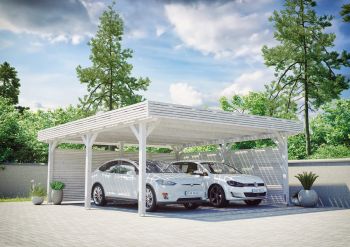 Großer Carport aus Holz mit zwei Autos