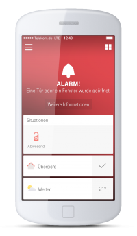 Smartphone mit App-Oberfläche und Alarm-Funktion der Fenstersensoren