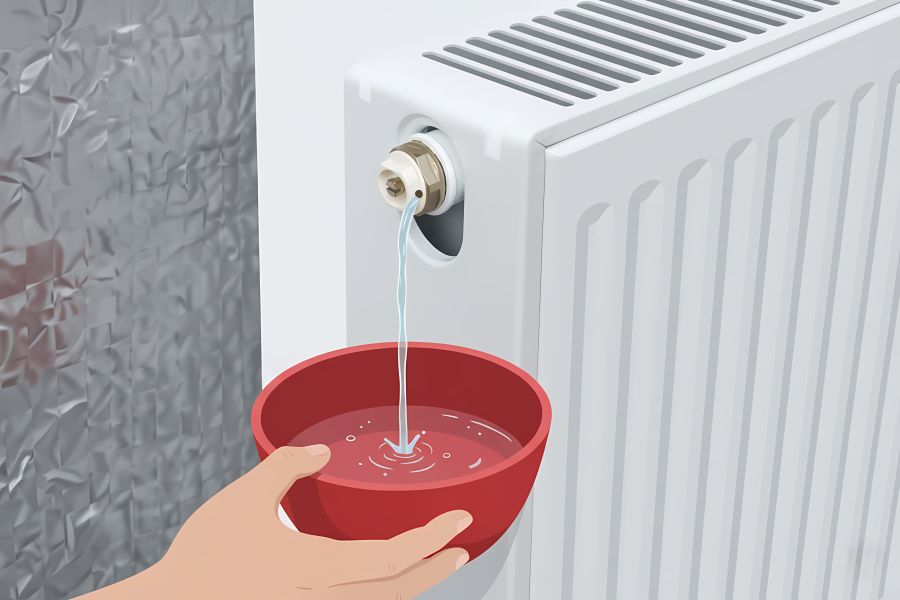 Aus dem Entlüftungsventil eines weißen Heizkörpers tritt ein klarer Wasserstrahl in eine rote Schüssel, die von einer Hand gehalten wird. Dieser Schritt erfolgt, nachdem die Luft mit einem Zischen entwichen ist.