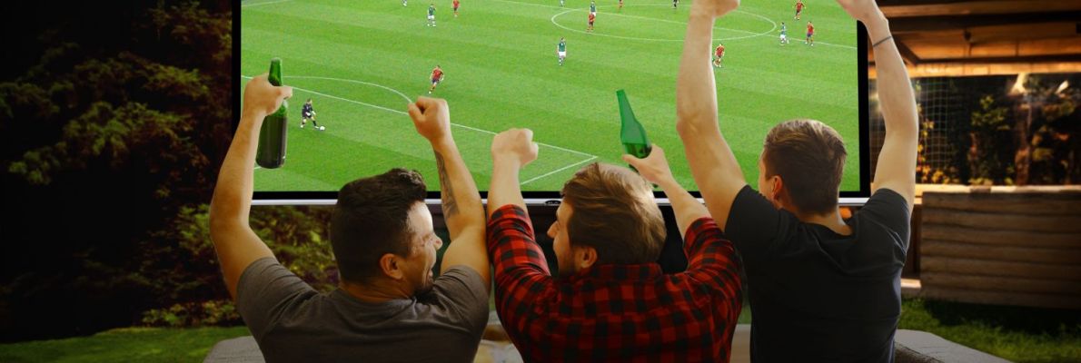Drei Männer sitzen im Garten und bejubeln Fußball auf der Großbildleinwand