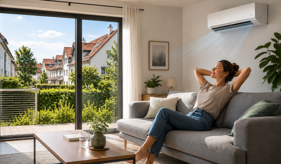 Frau entspannt in ihrer gekühlten Wohnung, sie sitzt auf der Couch und über ihr ist eine Klimaanlage