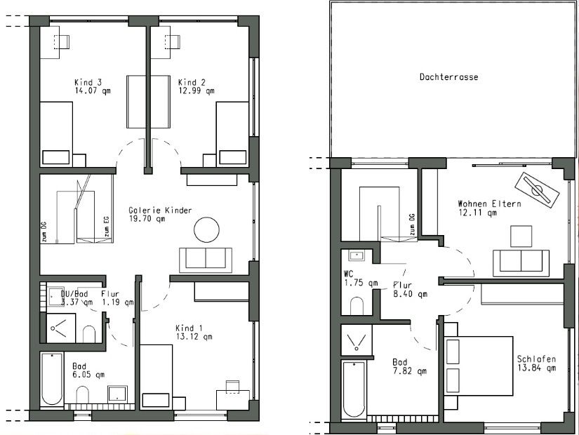 Reihenhaus Grundriss Obergeschoss und Dachgeschoss