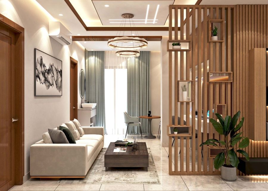 Modernes Wohnzimmer mit Trennwand aus Holz