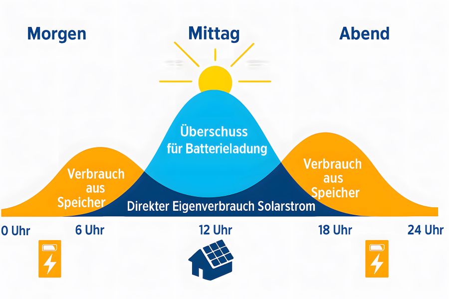 Ein Diagramm veranschaulicht den 24-Stunden-Zyklus eines Heimspeichers. Es zeigt, wie tagsüber überschüssiger Solarstrom gespeichert und morgens sowie abends verbraucht wird.